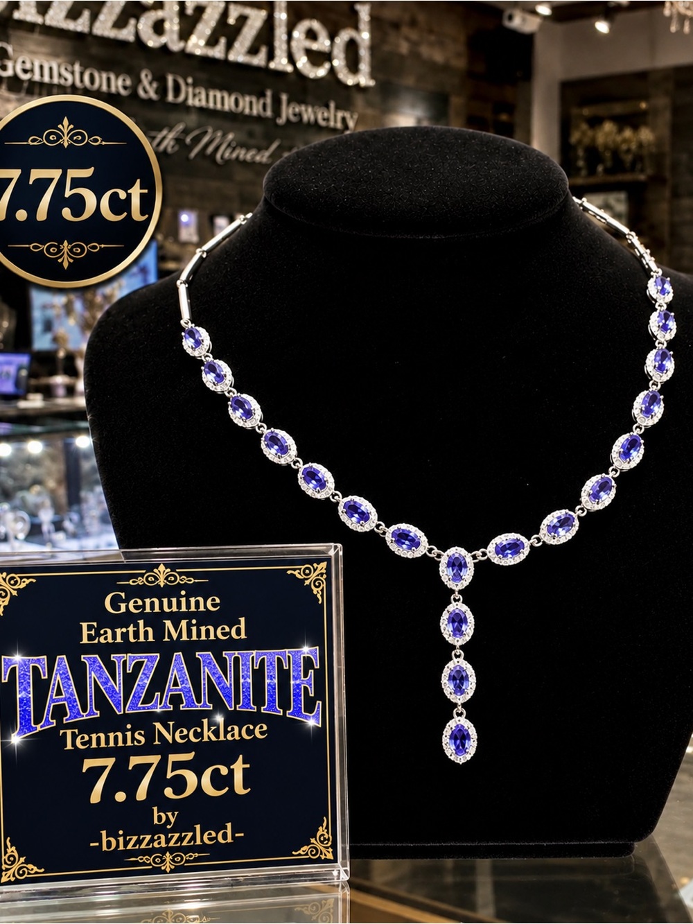 7.75ct Tanzanite Tennis Necklace  Sapphire 14k white Gold on 925 Silver